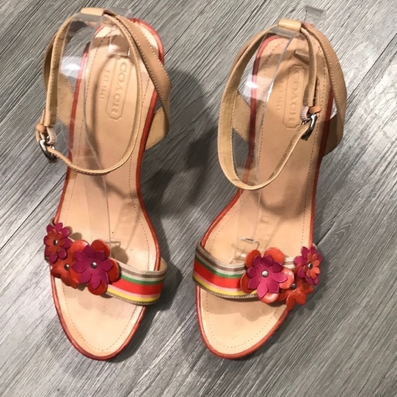 Coach “Morgan” Cork Wedge Leather Flower Sandals - Picture 1 of 9